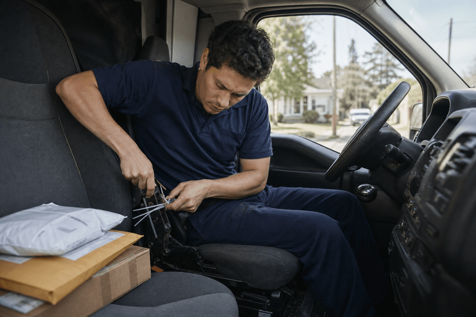 Driver inspecting a route-ready repair in a van