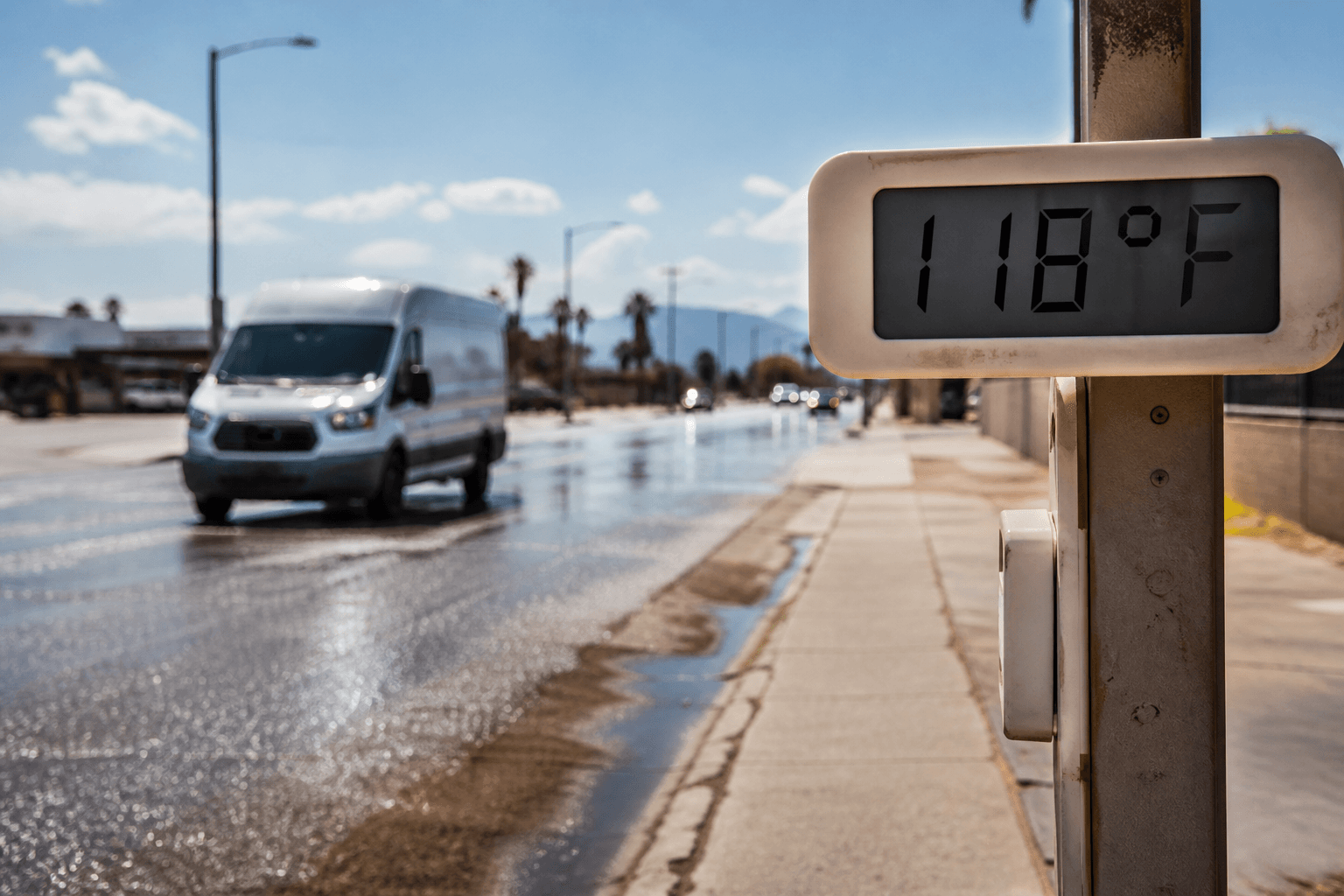 A heat-blurred delivery route beneath a roadside thermometer