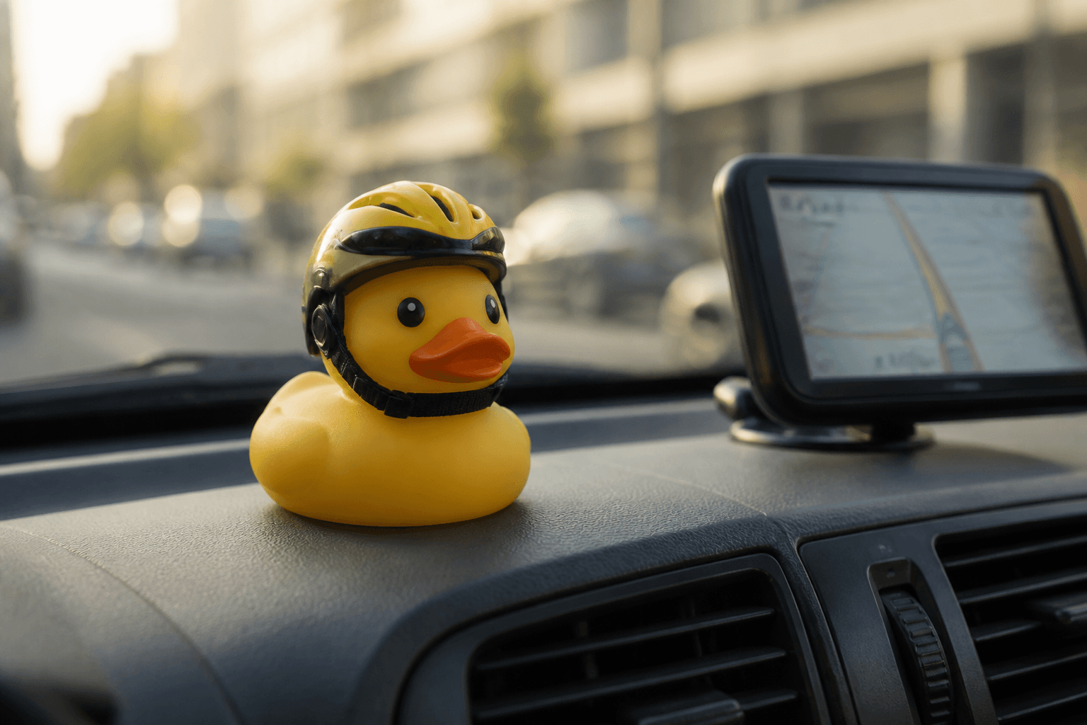 A rubber duck in a tiny helmet on a delivery dashboard